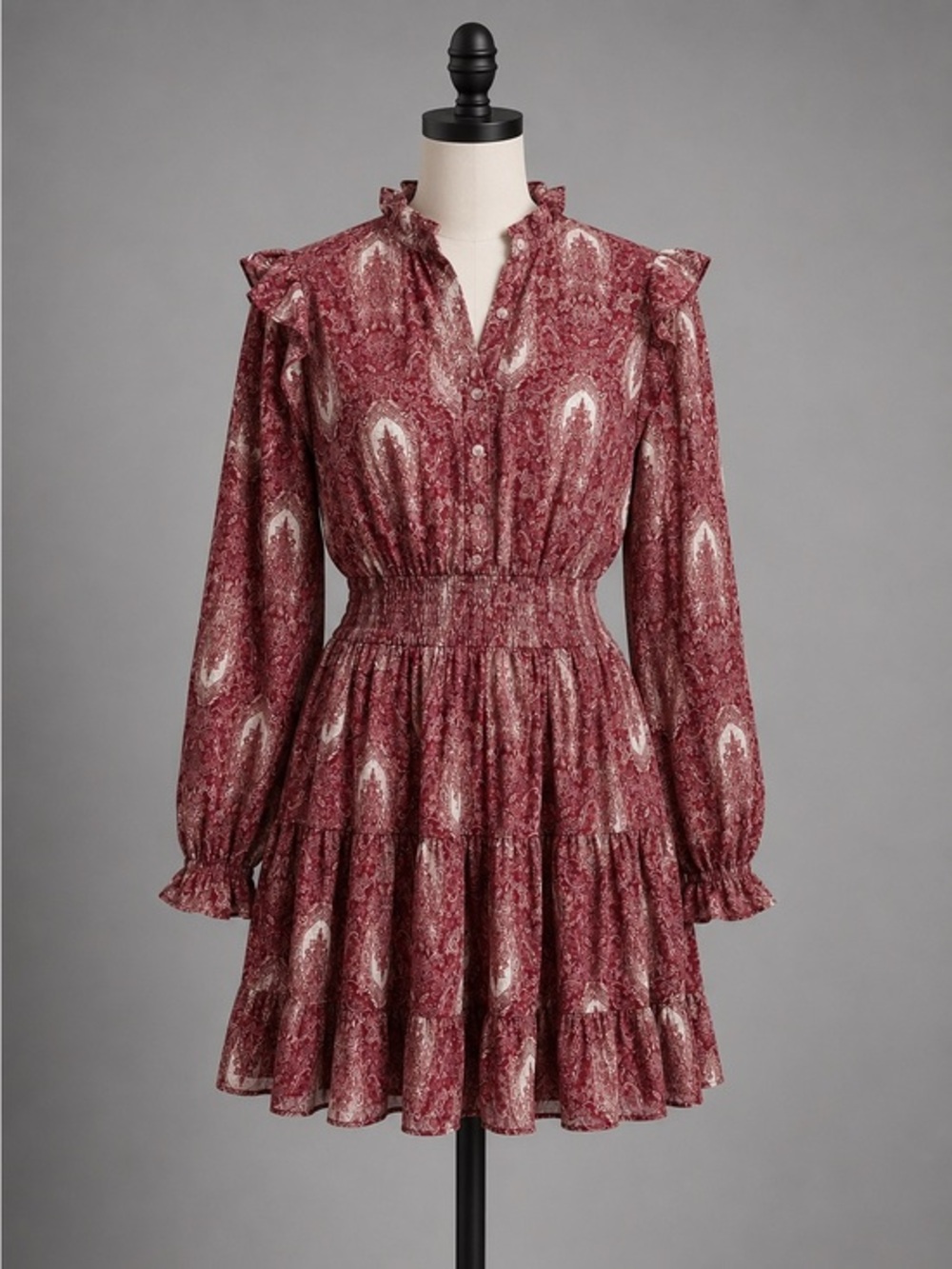 Saks Fifth Avenue Paisley Ruffle Smocked Waist Dress Burgundy Prairie Large